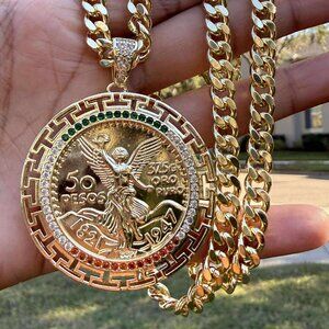 Centenario 50 Pesos Coin Pendant CZ Colorful Curb Cuban Chain Necklace 24" 8mm
